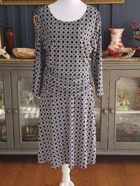EnFocus Studio Petite  Black & Cream Geometric Print LS Dress | Size 14P